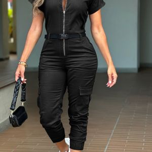 Dames Zware Werk Jumpsuit met Rits - Korte Mouwen, Kraag & Broek met Zakken, Slim--Season Casual & Professionele Outfit, Wasmachinebestendig (Nee) - Strakke Taille Broek voor Casual Kleding