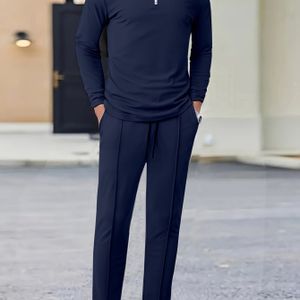 Herensport Casual Pak met POLO Kraag voor Lente/Herfst, Kleur, Eenvoudige Lange Mouwen T-Shirt + Broek, Lichtgewicht Ademend Zakelijk Casual Tweedelige Set