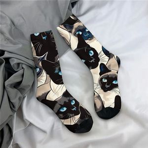 1 Paar Unisex Harajuku Stijl Naadloze Bedrukte Crew Hosiery met Kattenpatroon, Gebreide Polyester Stof met Spandex Stretch, Alleen Handwas, Leuk Cadeau voor Mannen en Vrouwen