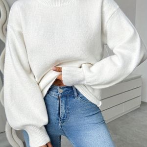 Vrouwen's Gezellige Gele Trui met Ronde Hals en Lantaarnmouwen - Zachte Pullover voor Herfst & Winter, Casual Lange Mouw Top, Geribbelde Textuur, Perfect voor Casual Kleding, Sweaterjurk