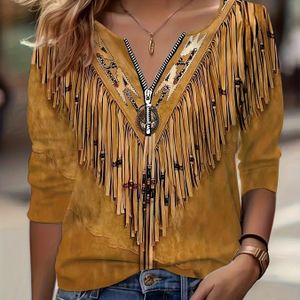 Dames Casual V-hals Rits Half Mouw Polyester en Spandex Print Gebreide Stof Reguliere Lengte Lange Mouw Top voor Lente, Herfst