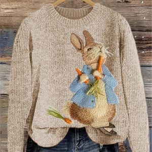 Plus Size - Plus Size - Plus Size - Elegante dames trui met konijnenprint - Knusse bruine pullover met knoopdetails, casual trui voor alle seizoenen voor dagelijkse & formele outfits