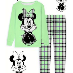 Meisjes Herfst-Winter Pyjama Set, Lange Mouwen en Broek Ontwerp Geschikt voor Herfst en Winter, met Minnie Cartoon Print, Losse Casual Stijl met Ronde Hals, Ideaal voor Kinderen,