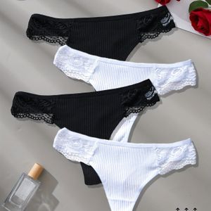 4-Pack Dames Comfortabele Low-Rise Ondergoed Set | Met Gusset voor Thuis & Vrije Tijd | Zwarte Kantafwerking + Witte String Slipjes