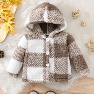 Jongens' Ruitjes Flanellen Hoodie Jas - Casual Knopen Fleece Jas met Kap, Gebreide Stof, Reguliere Pasvorm, voor Herfst/Winter - Warm Cartoonpatroon Pullover