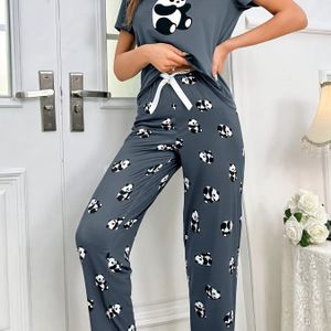 Schattige pyjama set met print, korte mouwen en ronde hals top & elastische broek, dames nachtkleding