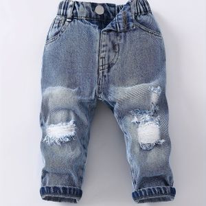 Baby's Gescheurde Denim Jeans - Gefranste Zoom & Riemlus Gewassen Blauwe Jeans Broek, Relaxed Fit Western Stijl, Wasmachinebestendig All-Seizoen Casual Kleding voor & (Niet-Rekbare Riemgesp)