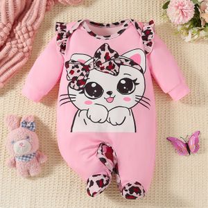 Baby Meisjes Lange Mouw Romper, Schattig Luipaard Print Katte Ontwerp, Polyester , Reguliere Pasvorm, Ronde Hals, Stretch Stof, Geen Tailleband, Herfst/Winter Baby Kleding, Voor Buiten