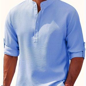 Heren getextureerd Henley-shirt met lange mouwen, casual comfortabel top voor lente en herfst als cadeau