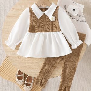 Meisjes Lente/Herfst Turn-Collar Color-Block Set, Baby Meisje Gesplitste Nep Tweedelige Bloemen Appliqué Lange Mouw Shirt + Broek Tweedelige Set, Perfect voor Buiten