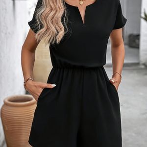 Women's Navy Blue Jumpsuit With Notched V-neck, Short Sleeves, Double Pockets - Elegant And Casual, Spring And Summer, Casual Attire | Jumpsuit | Short Sleeve Top, Jumpsuit