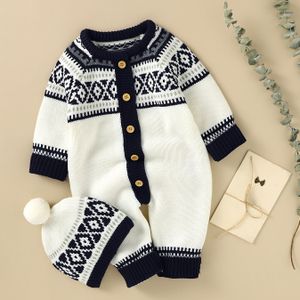 Pasgeboren baby geometrisch trui romper lange mouw jumpsuit & hoed voor peuter baby jongens en meisjes, geschikt voor binnen- en buitenkleding