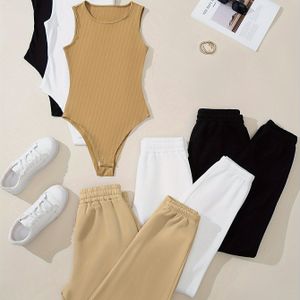 3-delige Set Slanke Ribbed Bodysuit en Broek