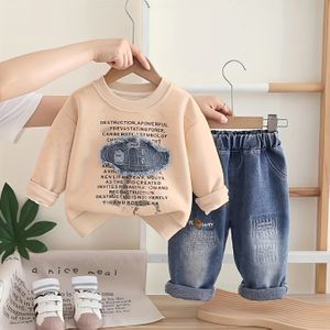 Kinderen Lente/Herfst Letter Print Ronde Hals Trui en Jeans Set, Perfect voor Buiten