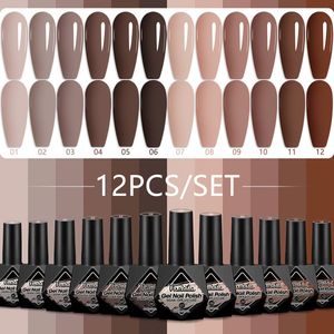 12-delige Dark Series Gel Nagellak Set, Donkere Khaki Kleur Langhoudende Gelnagelverf, LED Lamp Nodig, voor Thuis Salon Nail Art en DIY Ontwerp