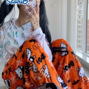 Sanrio Hello Kitty Cartoon Print Knit Polyester Slaapbroek, Preppy Stijl Lange Lengte, Elastische Taille Shorts, Cadeau voor Kerstmis Halloween