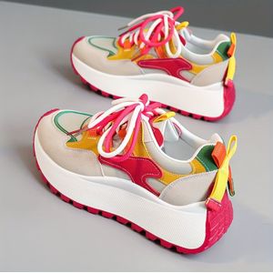 LYKU Dames 2024 Rode Chunky Platform Veterschoenen - Lage Sneakers met Dikke PVC , Ademend voor Lengte & Casual, Herfst Wandelschoenen