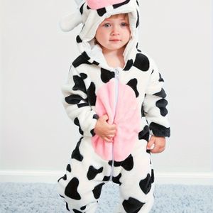 Schattige Kinder Koeienkostuum Onesie - Gezellig Polyester, Machinewasbaar, Cartoon Dierenontwerp met Roze Accenten, Perfect voor Lente/Herfst Verkleedpartijen & Feestjes, Perfect voor Buiten