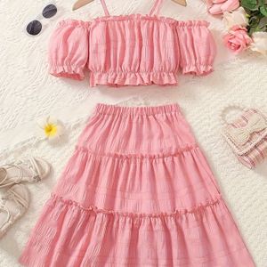 New Meisjes Off-the-Shoulder Korte Mouw Top en Lange Cake Rok Tweedelige Set voor Kinderen