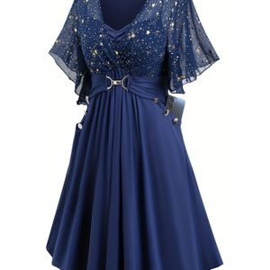 Plus Size Sterrenpatroon Mesh Stitching Jurk, Elegante Gathered Irregular Mouw Jurk Voor Lente & Zomer, Vrouwen Plus Size Kleding