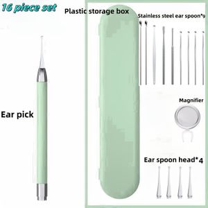 16-delige set voor het reinigen van oren met LED-licht, oorscoops en gereedschap voor het verwijderen van oorsmeer. Zachte schepkoppen die de oren niet beschadigen, geschikt voor volwassenen.
