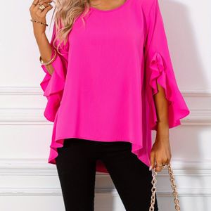 Solid Color Crew Neck Blouse, Elegant Ruffle Sleeve Blouse For , Women's Clothing