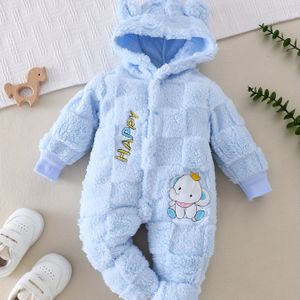 Baby Jongens Winter Warme Pluche Jumpsuit met Capuchon - Verdikte 3D & HAPPY Letter Versierde Romper, Zachte Pluche Outfit met Zakken, voor Buiten