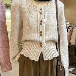 Dames Franse Stijl Blouse - Dikke Winter Knoopsluiting Cardigan Trui Jas, Kleur Ronde Hals Lange Mouwen, Wasmachinebestendig Lente/Herfst Buitenkleding voor Professioneel & Casual