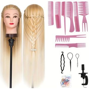 28-Inch Mannequin Hoofd met Multikleurig Synthetisch Haar - Inclusief Klem & Vlechtset voor Kapperspraktijk