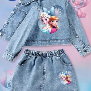 2-delige set meisjes denim jas en rok met "Prinses Elsa en Anna" print | Comfortabele non-stretch stof, modieuze lente/zomer/herfst outfit voor jonge meisjes, voor buiten