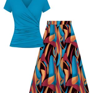 Vrouwen Elegante Rokset - Kleur V-Hals Korte Mouw Top en Geometrische Print Rok Tweedelige Set