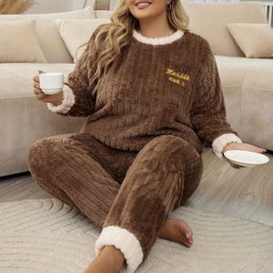 Plus Size, Pluche Pyjama Set voor Dames in Grote Maten - Knus Fleece-achtig Nachthemd met Lange Mouwen & Broek met Manchetten, Zachte Nachtkleding met Ronde Hals