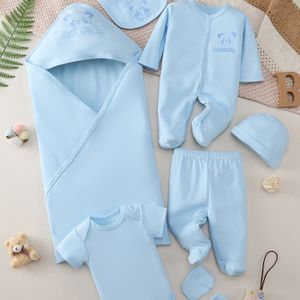 7-delige set voor baby meisjes: Comfortabele zachte katoenen cartoon korte mouwen romper, slabbetje, muts & handschoenen met voetjes romper en lange broek overall, perfect voor buiten