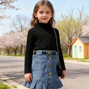 Meisjes Hoge Hals Lange Mouw Geribbelde Nep Denim Geplooide Rok met Riem