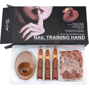 Set van 3 verstelbare oefenvingers voor acrylnagels, inclusief één acrylbasis en bruine nageltips, ontworpen voor flexibele training in nagelkunst.
