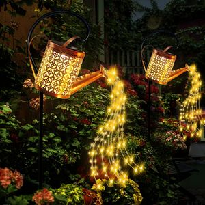 2pcs Solar Kettle Lights, Solar Watering Can Light, Solar Fairy Lights Outdoor, Hanging Solar Powered Lantern, Garden Art Light, Decor Metal Waterfall String Lights, For Patio Yard Pathway Plant