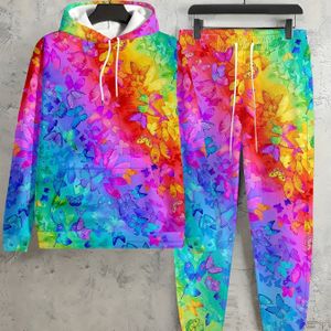 Plus-Size Dames Sweatshirt met Cartoon Vlinder en Regenboog Print, Casual Stijlvolle Kleurrijke Hoodie, Prachtige Schattige Unieke Comfortabele Herfst- en Winter Sweatshirt Set