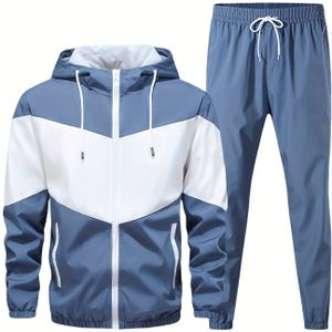 Heren Casual 2-delige outfit, stijlvolle kleurblok rits hoodie, ademende kleur broek met trekkoord.
