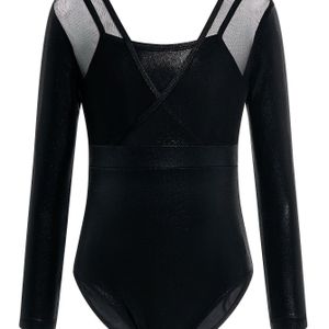 Meisjes lange mouw gymnastiek leotard met V-hals en kruisband ontwerp - Kinderen gymnastiek outfit met mesh panelen glitter ballet unitard perfect voor gym en atletiek, leeftijden 3-12 meisjes