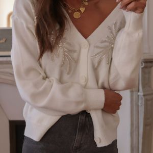 Dames -geïnspireerd V-hals Vest met Parelversieringen - Lange Mouwen, Losse Pasvorm, Trui met Knopen voor Herfst/Winter, Zwart, Stijl, Kleding | -geïnspireerd Ontwerp | Constructie, Trui Vest