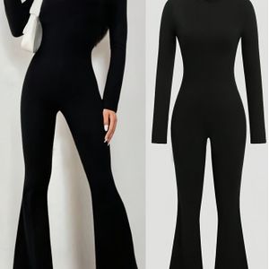 Zwart jumpsuit met hoge hals en holle uitvoering, met zijdelingse ritssluiting - Lange mouw, stretchy unitard voor casual in de lente/herfst