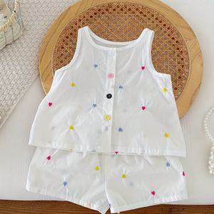 Baby Meisje Zomer Hart Borduur Print Mouwloos Top + Shorts Set Schattig 2-delige Outfit, Perfect voor Buiten