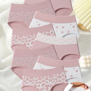 8 stuks Dames Mid-Rise Slips - Zacht - Spandex Mix, Schattig Hartjesprint, Ademend & Comfortabel Ondergoed, Pastel Roze & Wit, 8 stuks voor Casual Kleding
