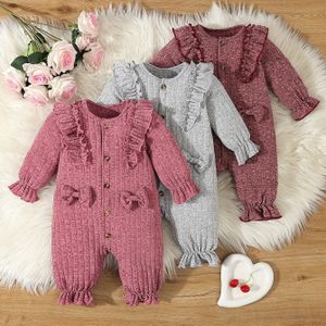 3-delige Baby's Romper met Strik, Geribbelde Lange Mouwen en Volantjes, Bodysuit Set voor Peuters en Babymeisjes voor Buitenspelen in de Herfst en Lente