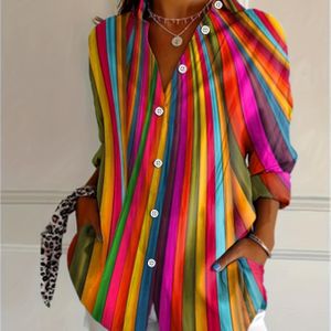 Europese en Amerikaanse Mode Hete Herfst/Winter Lange Mouw V-Hals Regenboogstreep Overhemd