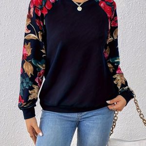 Plus Size, Elegante Print Pullover Sweatshirt voor Dames, 100% Crew Neck Top, Herfst- en Winterseizoen