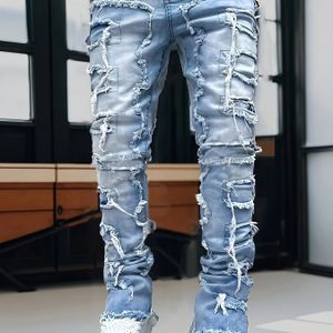 Creatieve hip-hop jeans voor heren, retro Amerikaanse stijl uitlopende broeken met kwastjes, elastische slim fit flared jeans voor alle seizoenen