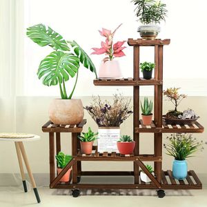TEMU 6-laags bloemenbak plantenrek met wielen tuindecoratie plantenbak display pijnappelhout voor patio, veranda's, balkons, binnen, buiten decor, staande plank