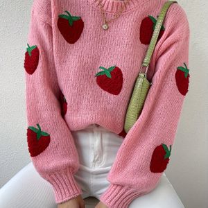 Elegante roze trui voor dames met aardbeienstiksel - Gezellige ronde hals, lange mouwen, herfst/wintermode top, stijl, top | Aardbeienstiksel top | Constructie, aardbeien thema items