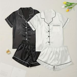2-delige set eenvoudige pyjama's, korte mouwen, reversknopen, top en shorts, nacht- en loungekleding voor dames